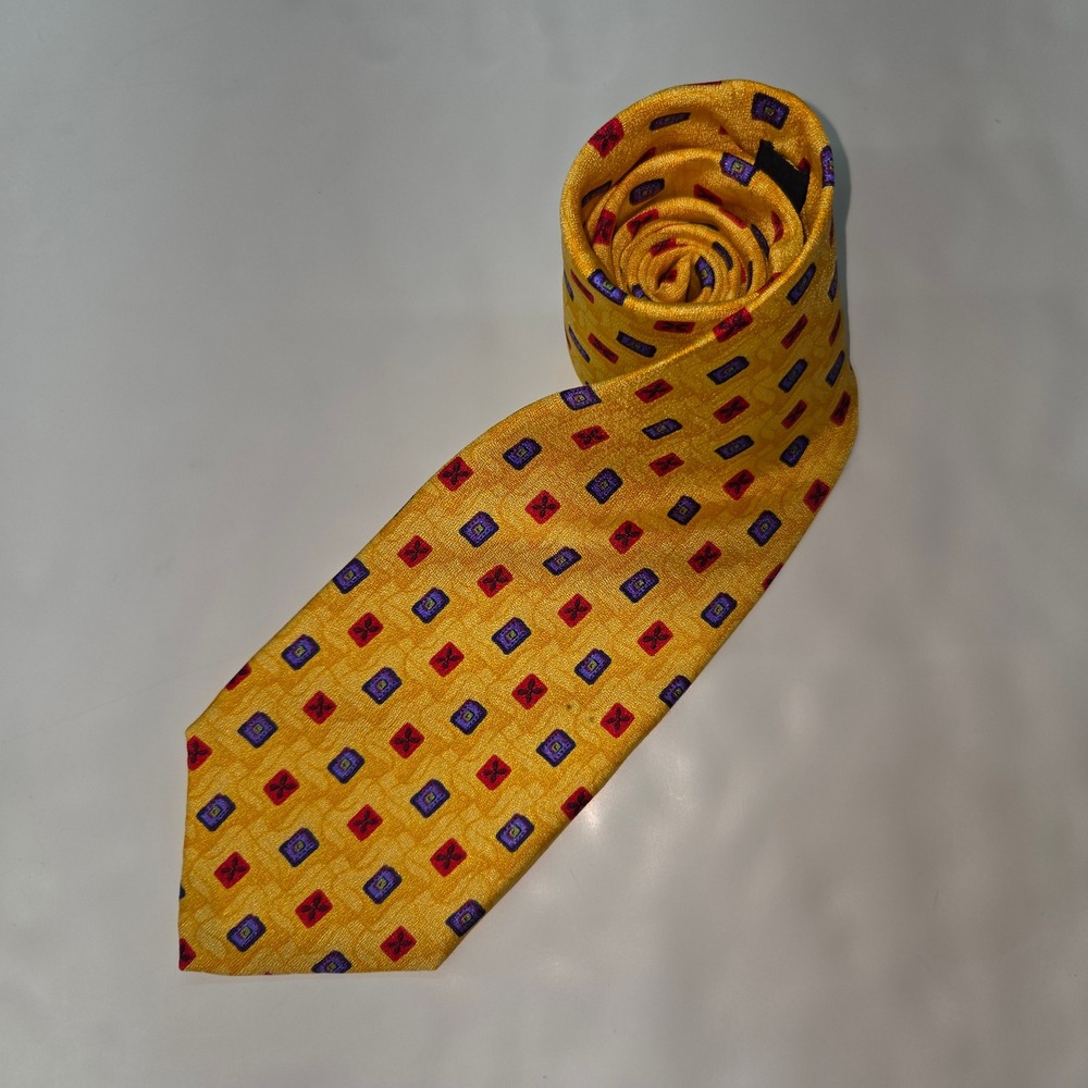 Robert Talbott Studio Silk Tie Yellow Red Blue Geometric‎ Pattern Hand Sewn USA